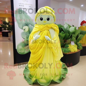 Lemon Yellow Cabbage mascot costume character dressed with a Evening Gown and Shawls