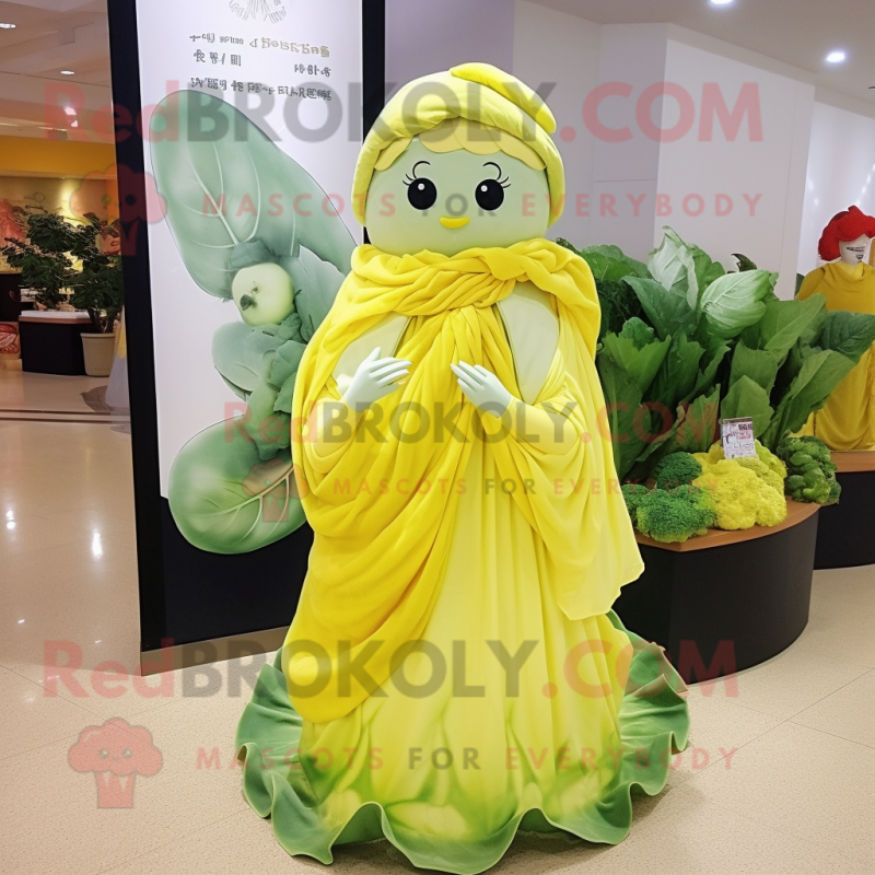 Lemon Yellow Cabbage mascot costume character dressed with a Evening Gown and Shawls