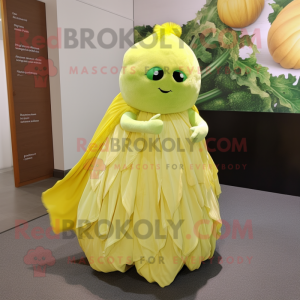 Lemon Yellow Cabbage mascot costume character dressed with a Evening Gown and Shawls