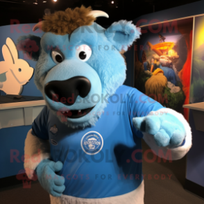 Sky Blue Bison mascot costume character dressed with a Henley Tee and Cufflinks