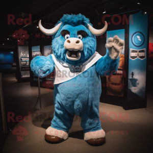 Sky Blue Bison mascot costume character dressed with a Henley Tee and Cufflinks