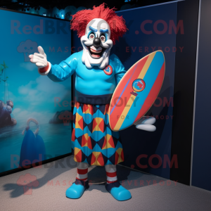 Blue Evil Clown mascot costume character dressed with a Board Shorts and Clutch bags