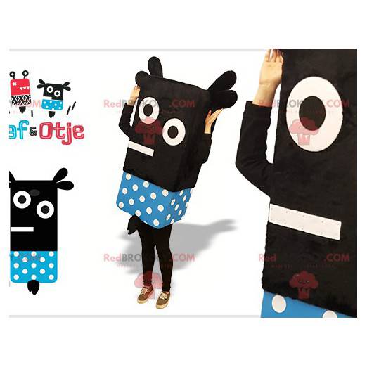 Zwart en blauw sneeuwpop domino mascotte met stippen -