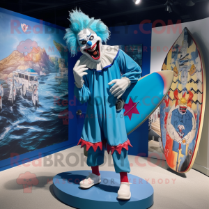 Blue Evil Clown mascot costume character dressed with a Board Shorts and Clutch bags