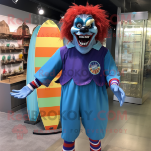 Blue Evil Clown mascot costume character dressed with a Board Shorts and Clutch bags