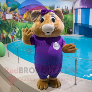 Purple Guinea Pig mascot costume character dressed with a Swimwear and Gloves