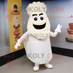 White Paella mascot costume character dressed with a A-Line Dress and Messenger bags
