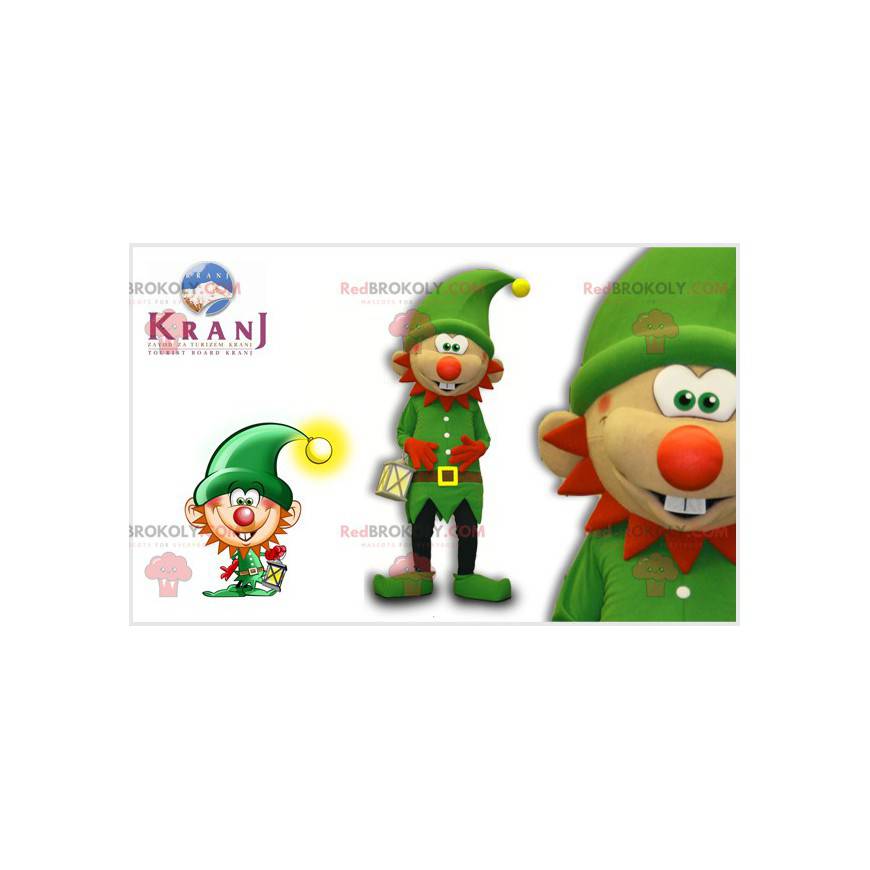 Grünes Koboldmaskottchen mit rotem Bart und Hut - Redbrokoly.com