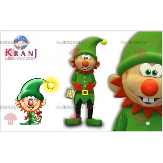 Grünes Koboldmaskottchen mit rotem Bart und Hut - Redbrokoly.com