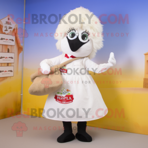 White Paella mascot costume character dressed with a A-Line Dress and Messenger bags