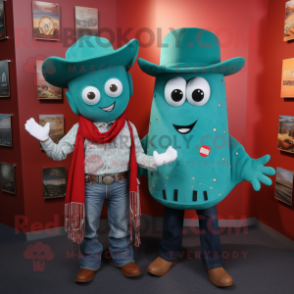 Turquoise Goulash mascot costume character dressed with a Boyfriend Jeans and Cufflinks