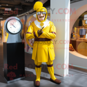 Yellow Swiss Guard mascot costume character dressed with a Dress Pants and Smartwatches