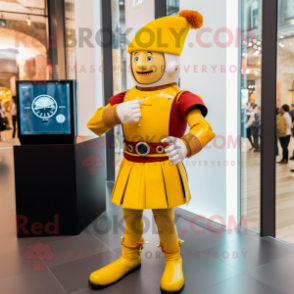 Yellow Swiss Guard mascot costume character dressed with a Dress Pants and Smartwatches