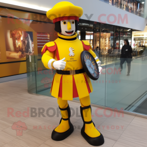 Yellow Swiss Guard mascot costume character dressed with a Dress Pants and Smartwatches