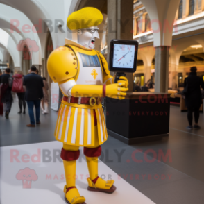 Yellow Swiss Guard mascot costume character dressed with a Dress Pants and Smartwatches