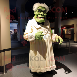 Cream Frankenstein'S Monster mascot costume character dressed with a Evening Gown and Suspenders