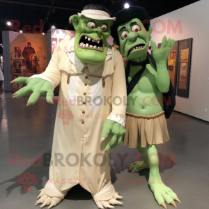 Cream Frankenstein'S Monster mascot costume character dressed with a Evening Gown and Suspenders