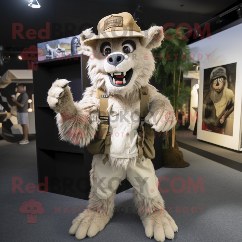 Cream Werewolf mascot costume character dressed with a Cargo Shorts and Hats Cream Werewolf mascot costume character dressed with a Cargo Shorts and Hats