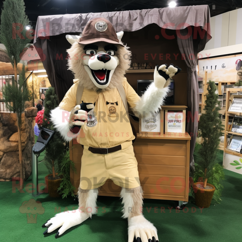 Cream Werewolf mascot costume character dressed with a Cargo Shorts and Hats Cream Werewolf mascot costume character dressed with a Cargo Shorts and Hats