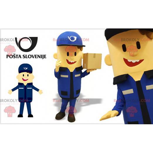 Postman leveransfaktor maskot klädd i blått - Redbrokoly.com