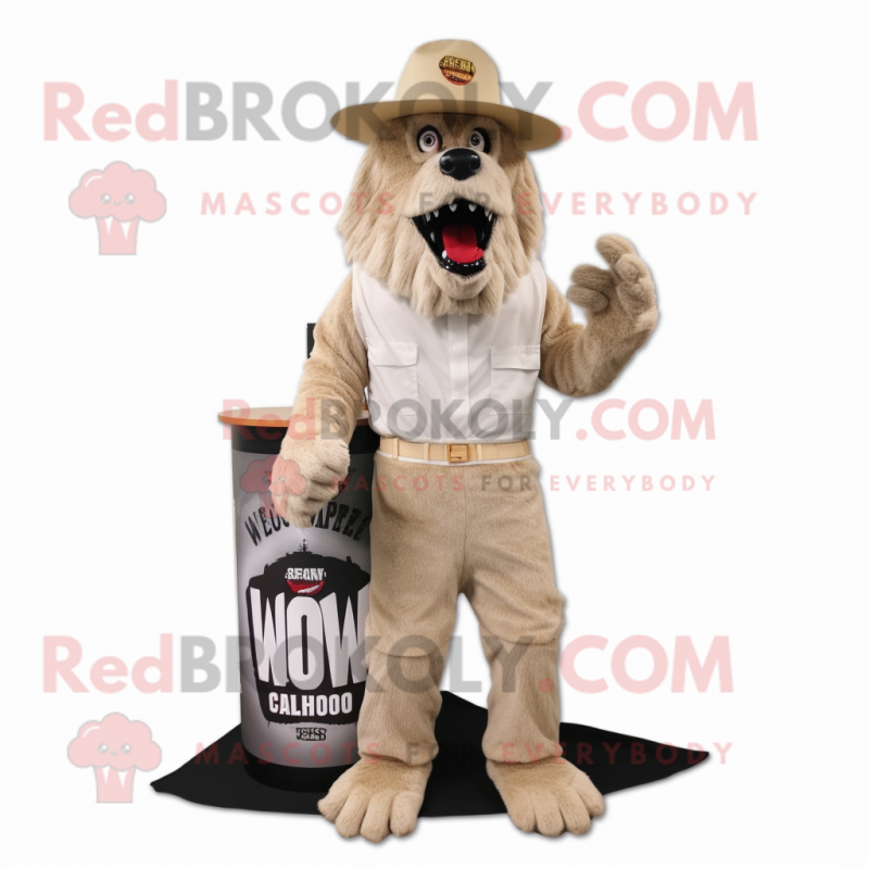 Cream Werewolf mascot costume character dressed with a Cargo Shorts and Hats Cream Werewolf mascot costume character dressed with a Cargo Shorts and Hats