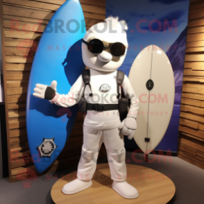 White Surfboard mascot costume character dressed with a Moto Jacket and Messenger bags