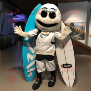 White Surfboard mascot costume character dressed with a Moto Jacket and Messenger bags