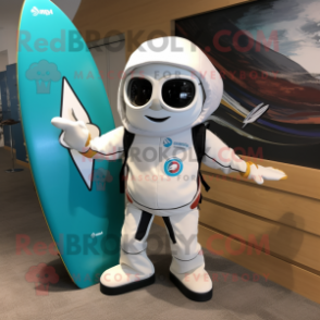 White Surfboard mascot costume character dressed with a Moto Jacket and Messenger bags