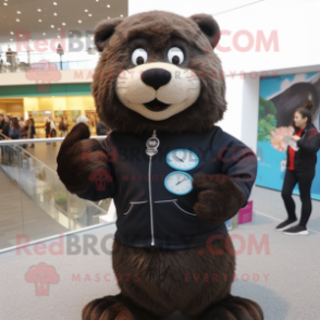 Black Beaver mascot costume character dressed with a Cardigan and Digital watches