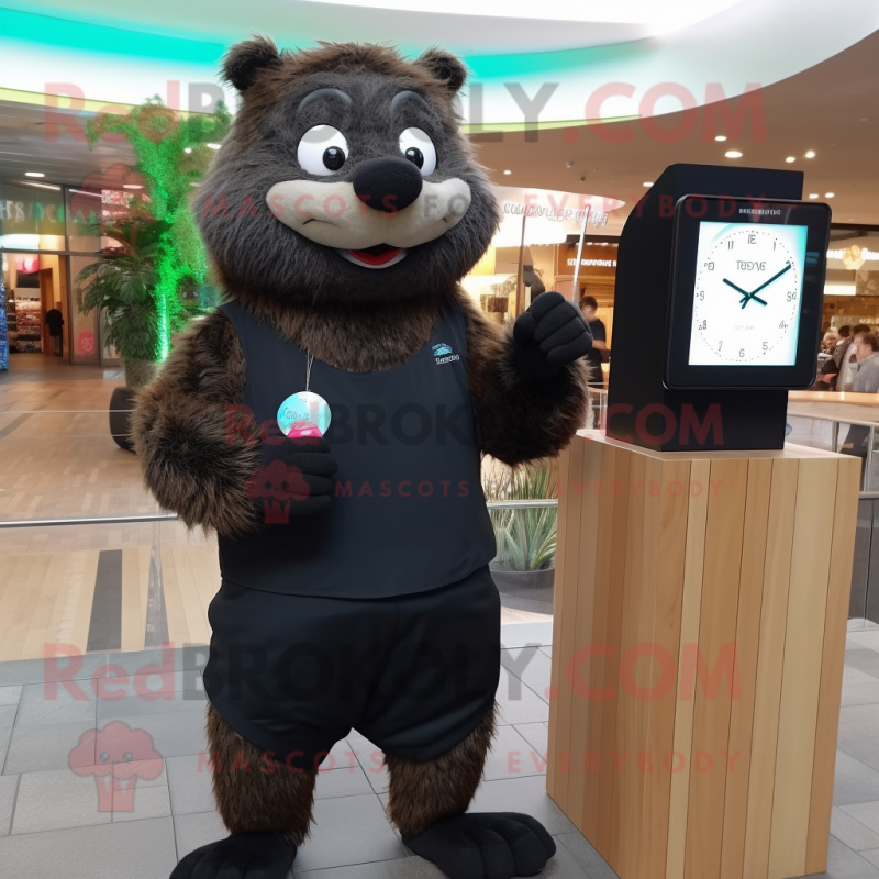 Black Beaver mascot costume character dressed with a Cardigan and Digital watches Black Beaver mascot costume character dressed with a Cardigan and Digital watches