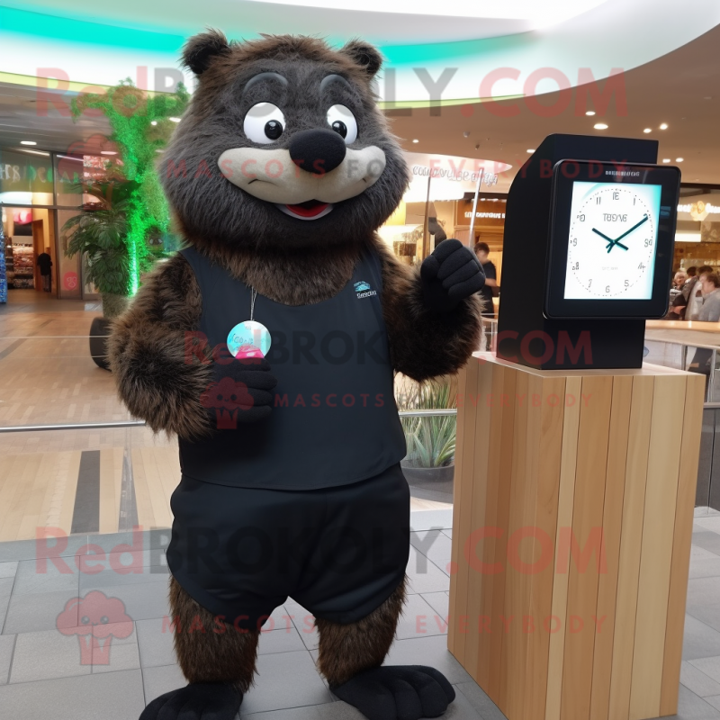 Black Beaver mascot costume character dressed with a Cardigan and Digital watches