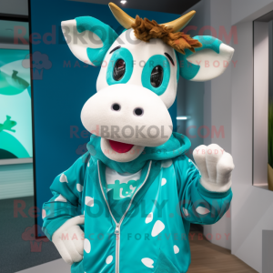 Turquoise Cow mascot costume character dressed with a Windbreaker and Earrings