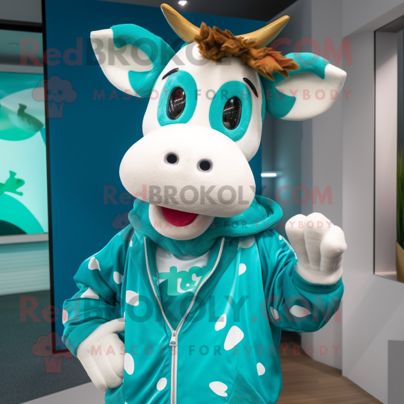 Turquoise Cow mascot costume character dressed with a Windbreaker and Earrings