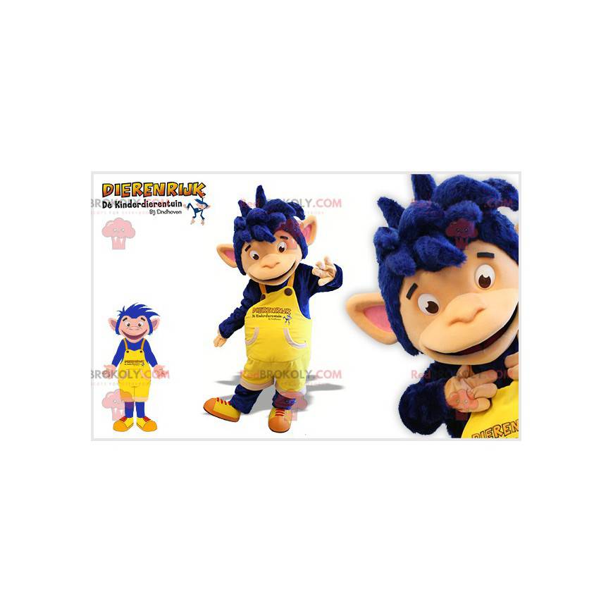 Blue chimpanzee monkey mascot in yellow overalls -