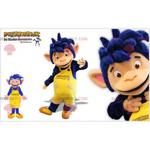 Blue chimpanzee monkey mascot in yellow overalls -