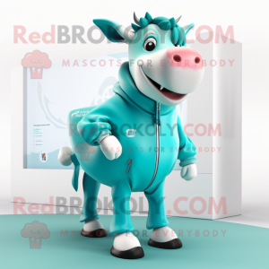 Turquoise Cow mascot costume character dressed with a Windbreaker and Earrings