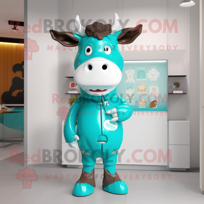 Turquoise Cow mascot costume character dressed with a Windbreaker and Earrings