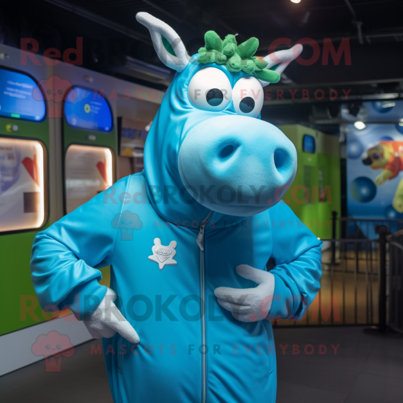 Turquoise Cow mascot costume character dressed with a Windbreaker and Earrings