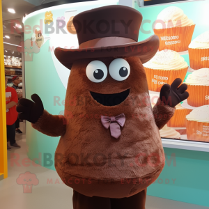 Brown Cupcake mascot costume character dressed with a Vest and Hats