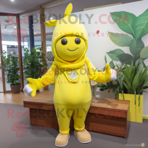 Lemon Yellow Beet mascot costume character dressed with a Hoodie and Bracelets
