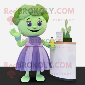 Lavender Broccoli mascot costume character dressed with a Cocktail Dress and Wallets