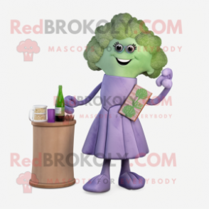 Lavender Broccoli mascot costume character dressed with a Cocktail Dress and Wallets