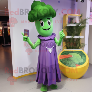 Lavender Broccoli mascot costume character dressed with a Cocktail Dress and Wallets