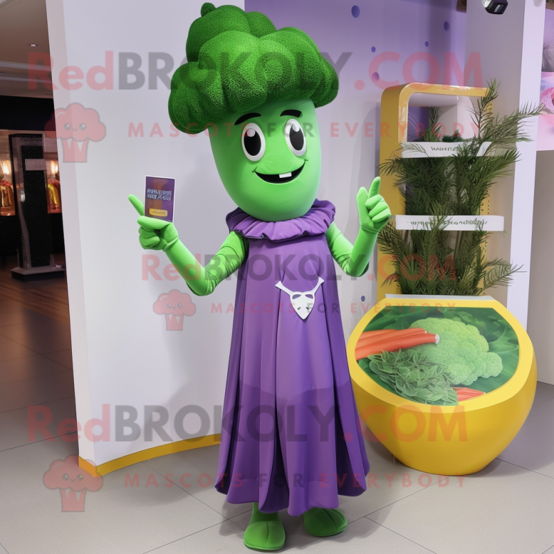 Lavender Broccoli mascot costume character dressed with a Cocktail Dress and Wallets Lavender Broccoli mascot costume character dressed with a Cocktail Dress and Wallets