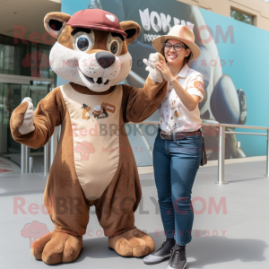 Brown Thylacosmilus mascot costume character dressed with a Mom Jeans and Berets