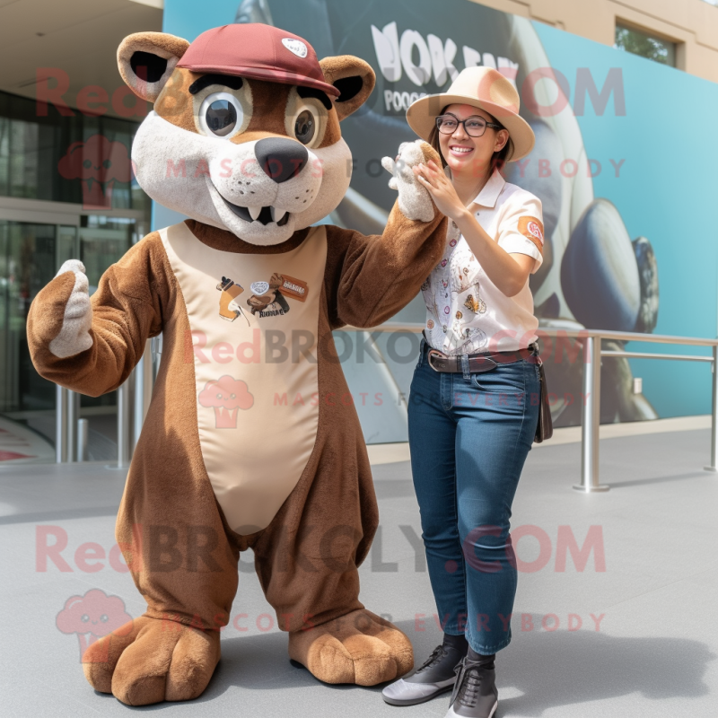 Brown Thylacosmilus mascot costume character dressed with a Mom Jeans and Berets Brown Thylacosmilus mascot costume character dressed with a Mom Jeans and Berets