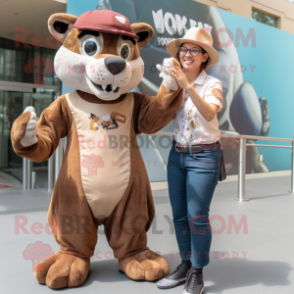 Brown Thylacosmilus mascot costume character dressed with a Mom Jeans and Berets