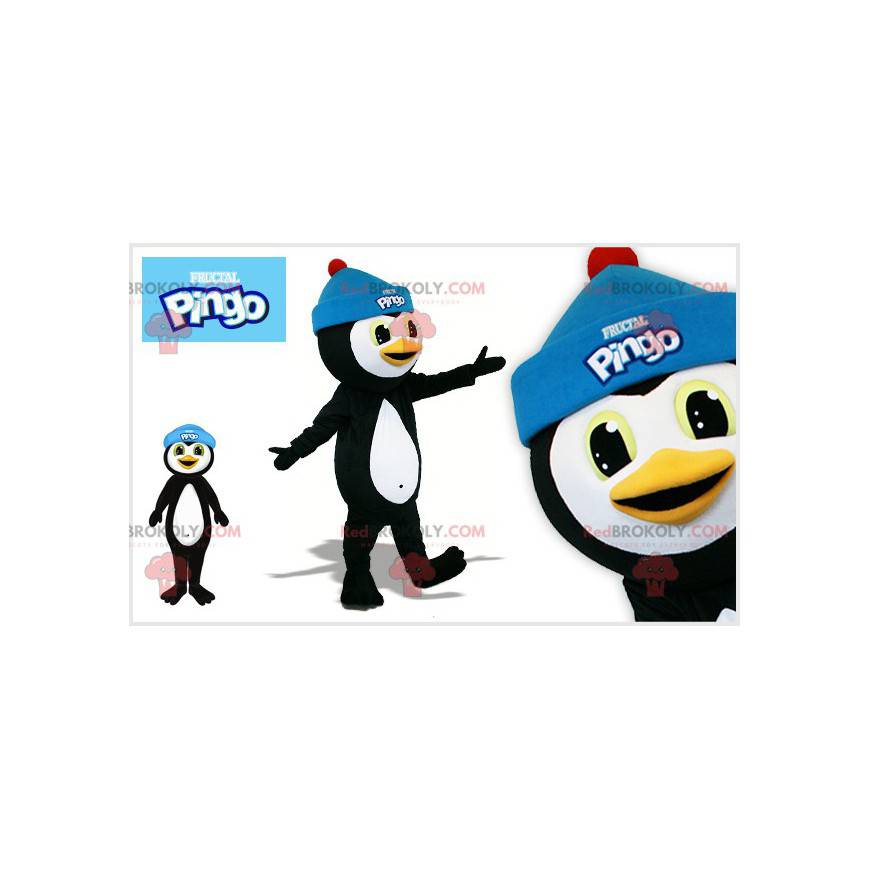 Mascota de pingüino blanco y negro con gorra azul -