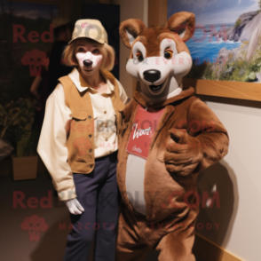 Brown Thylacosmilus mascot costume character dressed with a Mom Jeans and Berets