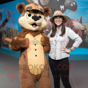 Brown Thylacosmilus mascot costume character dressed with a Mom Jeans and Berets